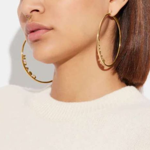 NEW Coach x Jennifer Lopez JLo Signature Large Hoop Earrings Hoops Logo Gold - Picture 3 of 6